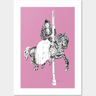 Ink drawing - vintage lady on carousel horse Posters and Art